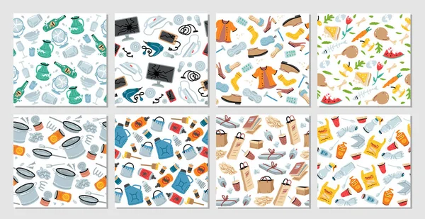 Set van 8 vuilnis naadloze patronen met prullenbak items — Stockvector
