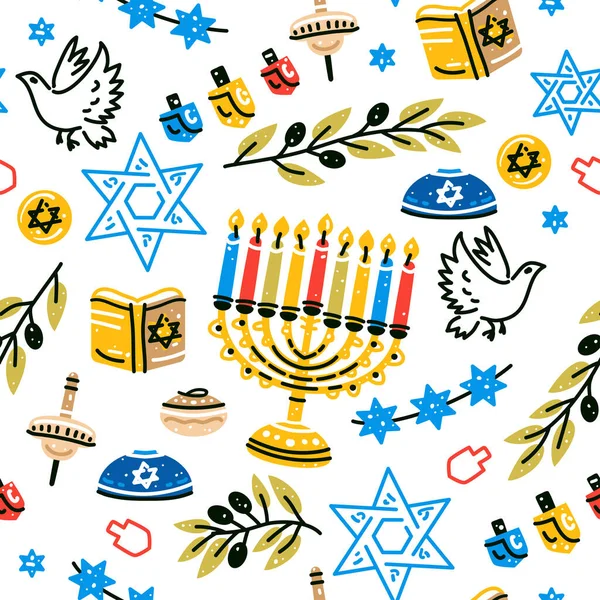 Padrão sem costura Hanukkah em estilo plano no fundo branco. — Vetor de Stock