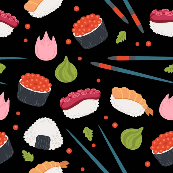 Seamless pattern kawaii rolls and sushi background. Sea food design template — Stock Vector