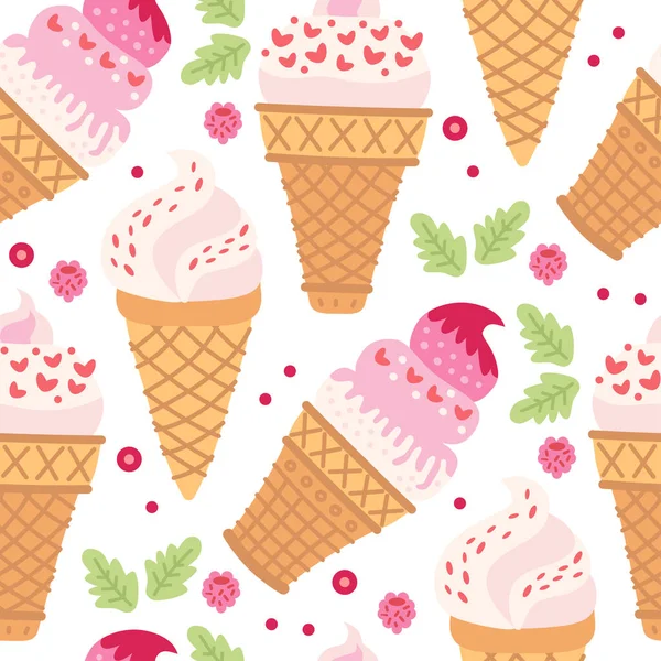 Cartoon seamless pattern with ice cream in waffle cones. — Stock Vector