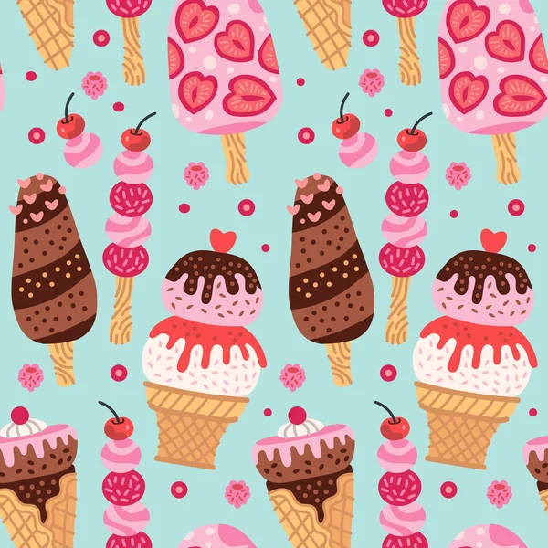 Caricature motif sans couture avec crème glacée dans des cônes de gaufre. — Image vectorielle