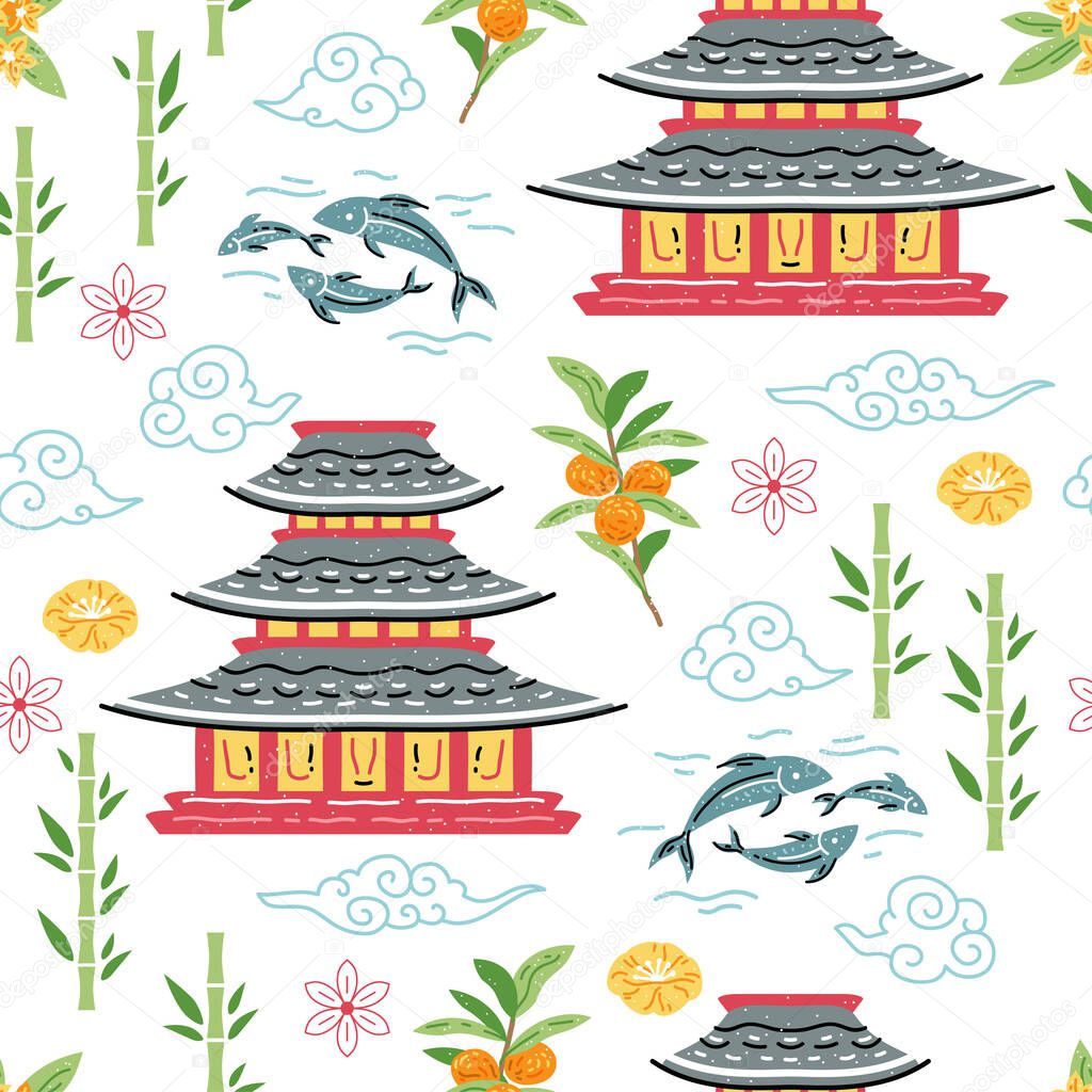 Japanese pagoda seamless pattern for wallpaper design. Vector illustration