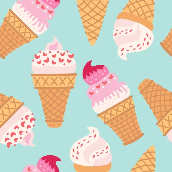 Desenhos animados sem costura padrão com sorvete em cones de waffle. — Vetor de Stock