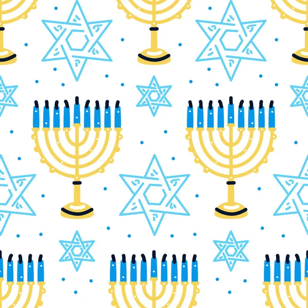 Happy Hanukkah pattern with menorah, traditional candles seamless. — Stock Vector