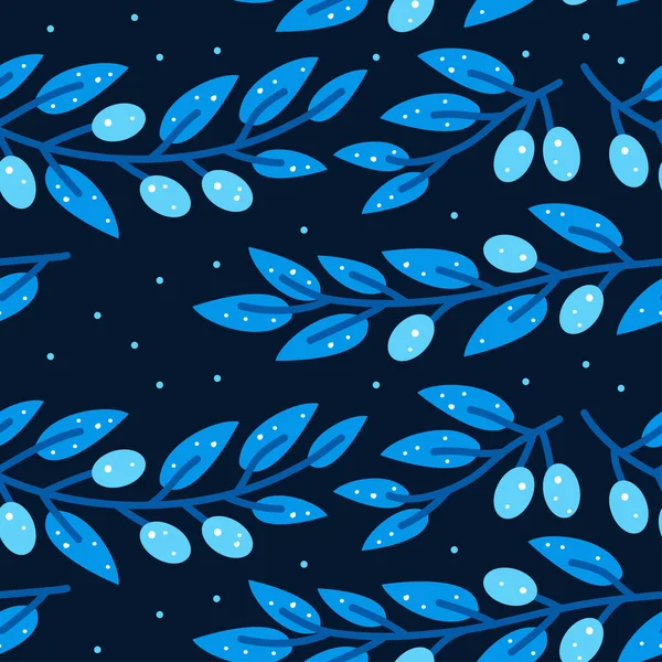 Nahtloses Muster mit stilisiertem blauem Olivenzweig auf weißem Hintergrund. — Stockvektor