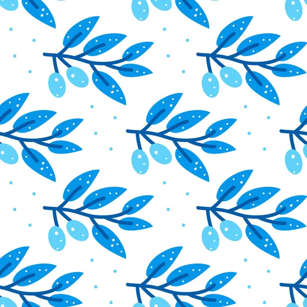 Seamless pattern with stylized blue olive branch on white background. — Stock Vector