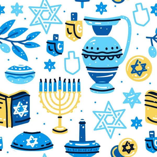Happy Hanukkah seamless pattern with menorah, dreidels, donuts — Stock Vector