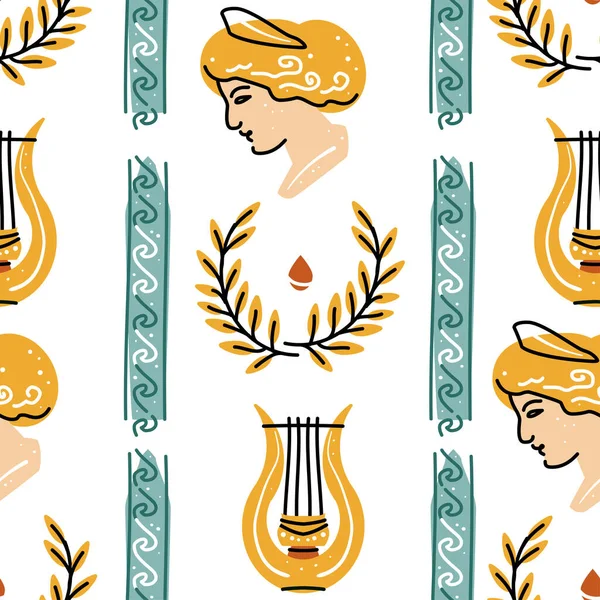 Płynny wzór z antyczną figurą kobiety, harfą, wzorem — Wektor stockowy