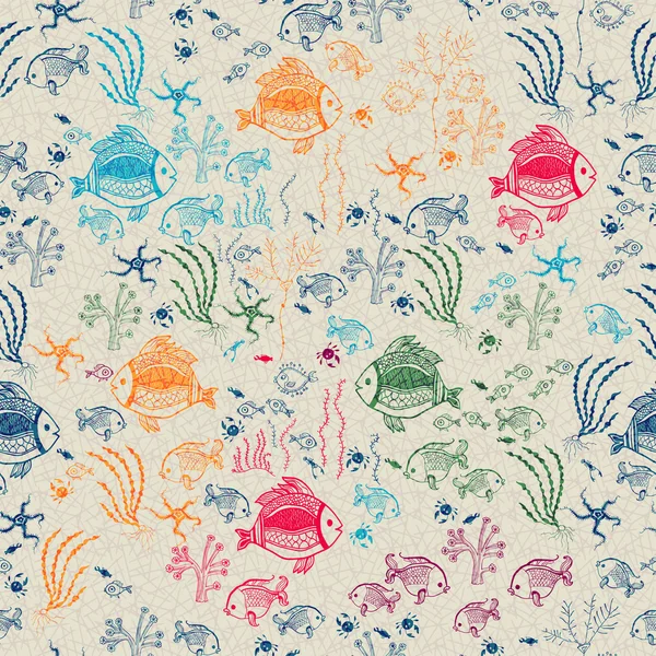 Bright Sea life in cartoon seamless pattern — Stock Vector