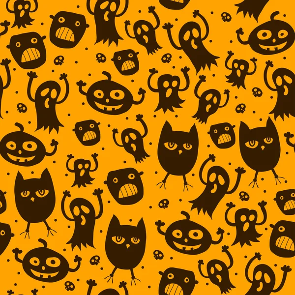Patrón de textura sin costuras con silueta de un gato, calabaza, fantasma, búho, araña, cráneo — Vector de stock