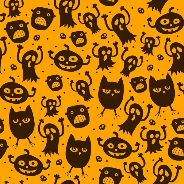 Pattern seamless texture with silhouette of a cat, pumpkin, ghost, owl, spider, skull — Stock Vector