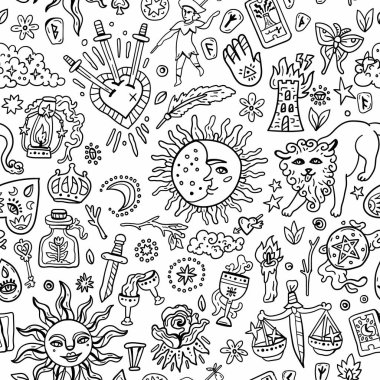 Tarot kartı kusursuz desen. Tarot sembollü parlak bir arkaplan. Falcılık, sihir. Azizler Günü ve Cadılar Bayramı için. Güneş, Ay. Kılıç, Kalp ve Ok. Sihirbaz