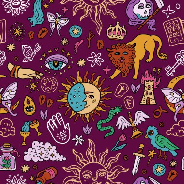 Tarot kartı kusursuz desen. Tarot sembollü parlak bir arkaplan. Falcılık, sihir. Azizler Günü ve Cadılar Bayramı için. Güneş, Ay. Kılıç, Kalp ve Ok. Sihirbaz