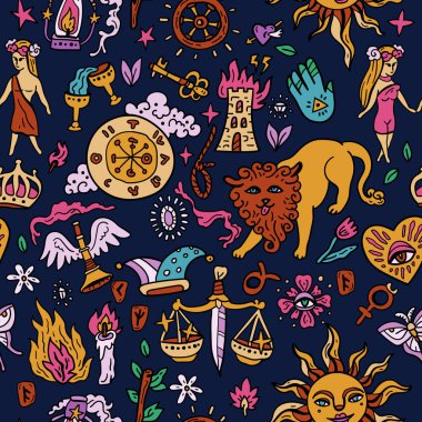 Tarot kartı kusursuz desen. Tarot sembollü parlak bir arkaplan. Falcılık, sihir. Azizler Günü ve Cadılar Bayramı için. Güneş, Ay. Kılıç, Kalp ve Ok. Sihirbaz