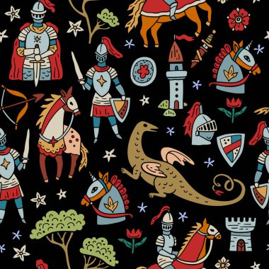 Şövalyeler, atlar ve kalelerle kusursuz ortaçağ vektör deseni. Ejderha ve binici. Eski bir duvar halısı gibi elle çizilmiş. Tekstil ve kağıt tasarımı için.