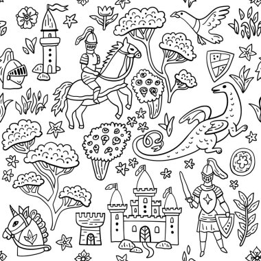 Şövalyeler, atlar ve kalelerle kusursuz ortaçağ vektör deseni. Ejderha ve binici. Eski bir duvar halısı gibi elle çizilmiş. Tekstil ve kağıt tasarımı için.