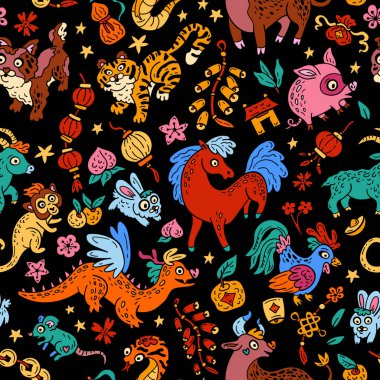 Doğu astrolojisi ile kusursuz bir düzen. Çin zodyaklarının hayvanları. Gençler ve küçük çocuklar için parlak karalama arkaplanı. Komik burç burcu. Yeni yıl için refahın sembolleri