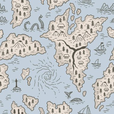 Adalar, denizler ve nehirlerle kusursuz vektör haritası. Macera. Çocuk tasarımı için coğrafi duvar kağıdı.