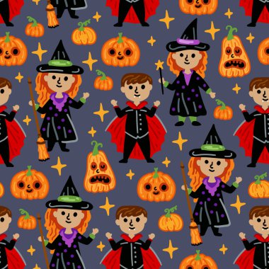Cadılar Bayramı için kusursuz vektör deseni. Çocuk karakterler. Korku, balkabakları, kostümlü çocuklar. Süpürgesi olan bir cadı ve bir vampir..