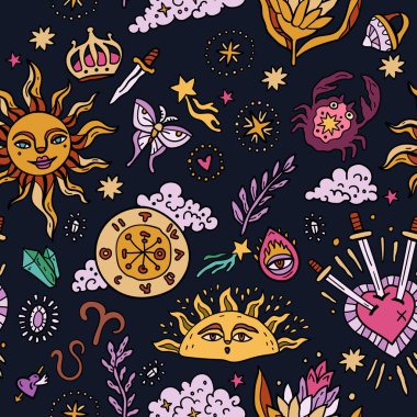 Batı astrolojisi ile uzay ve yıldızlar kusursuz desen. Zodiac hayvanları. Gençler ve küçük çocuklar için kozmik bir fantezi zemin. Eğlenceli zodyak ve tarot kartları. Falcılık ve sihir.