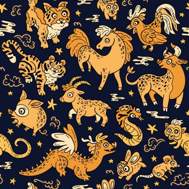 Çin zodyaklarının hayvanları. Doğu astrolojisi ile kusursuz bir düzen. Gençler ve küçük çocuklar için parlak karalama arkaplanı. Komik burç burcu. Yeni yıl için refahın sembolleri