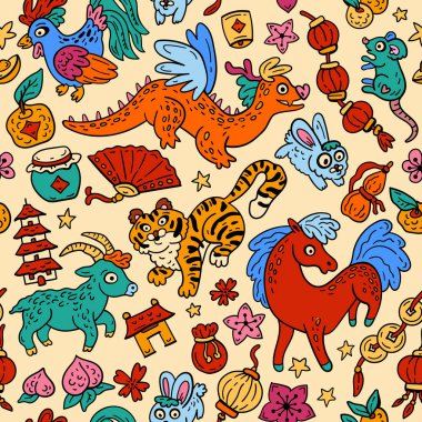 Doğu astrolojisi ile kusursuz bir düzen. Çin zodyaklarının hayvanları. Gençler ve küçük çocuklar için parlak karalama arkaplanı. Komik burç burcu. Yeni yıl için refahın sembolleri