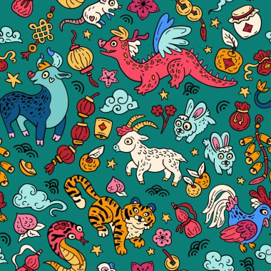 Çin zodyaklarının hayvanları. Doğu astrolojisi ile kusursuz bir düzen. Gençler ve küçük çocuklar için parlak karalama arkaplanı. Komik burç burcu. Yeni yıl için refahın sembolleri