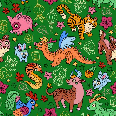 Doğu astrolojisi ile kusursuz bir düzen. Çin zodyaklarının hayvanları. Gençler ve küçük çocuklar için parlak karalama arkaplanı. Komik burç burcu. Yeni yıl için refahın sembolleri