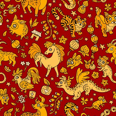 Çin zodyaklarının hayvanları. Doğu astrolojisi ile kusursuz bir düzen. Gençler ve küçük çocuklar için parlak karalama arkaplanı. Komik burç burcu. Yeni yıl için refahın sembolleri