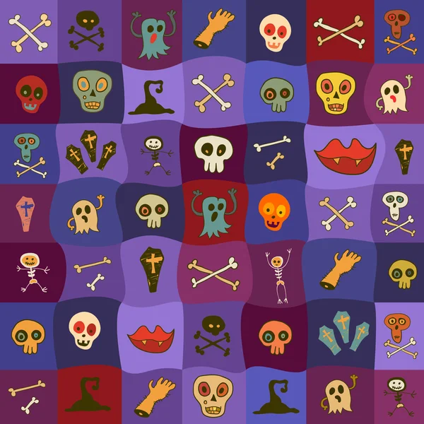 Iconos de Halloween patrón sin costuras de cráneo, huesos y atributos mágicos para la web y pegatinas — Archivo Imágenes Vectoriales