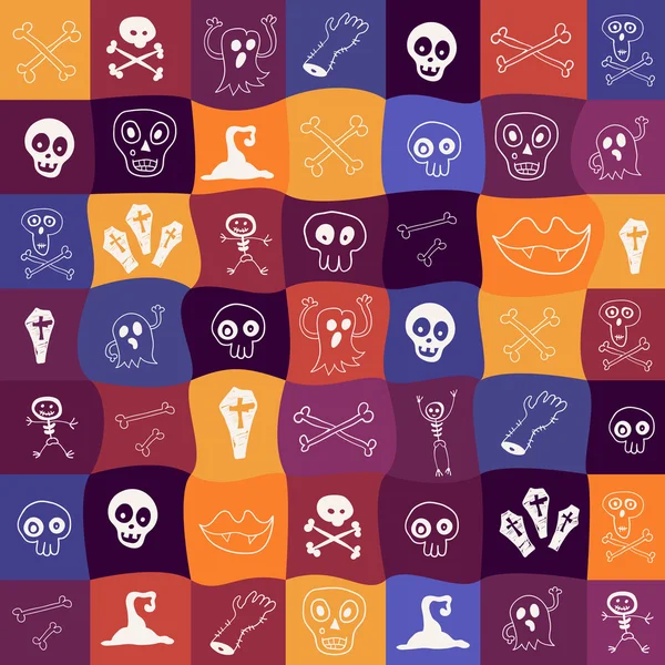 Iconos de Halloween patrón sin costuras de cráneo, huesos y atributos mágicos para la web y pegatinas — Archivo Imágenes Vectoriales