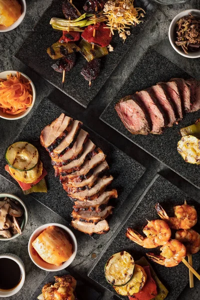 Close Korean Barbecue Food Selection Beef Pork Prawns Skewers Pickled — Stock Photo, Image