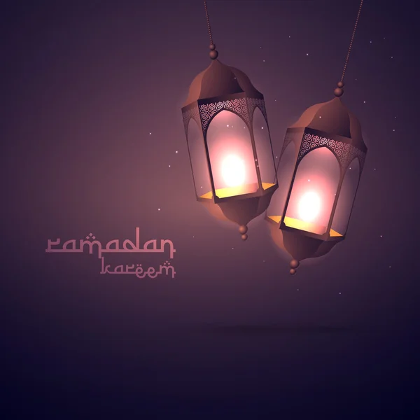 Ramadan kareem salutation avec des lampes suspendues — Image vectorielle