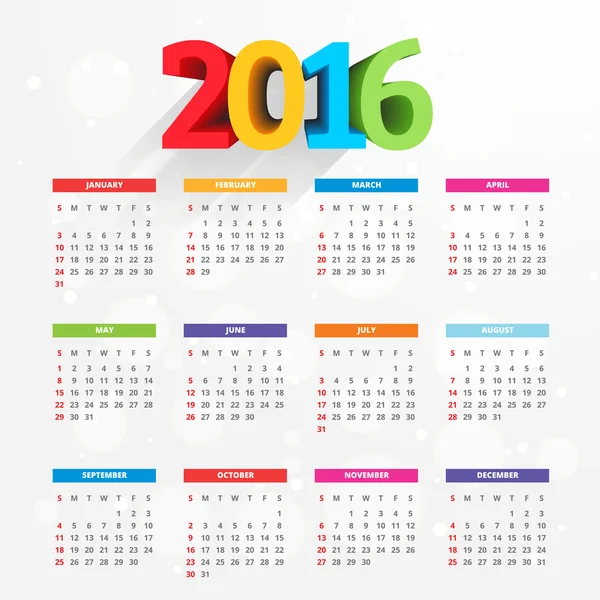 2016 ilustración vector de calendario — Archivo Imágenes Vectoriales