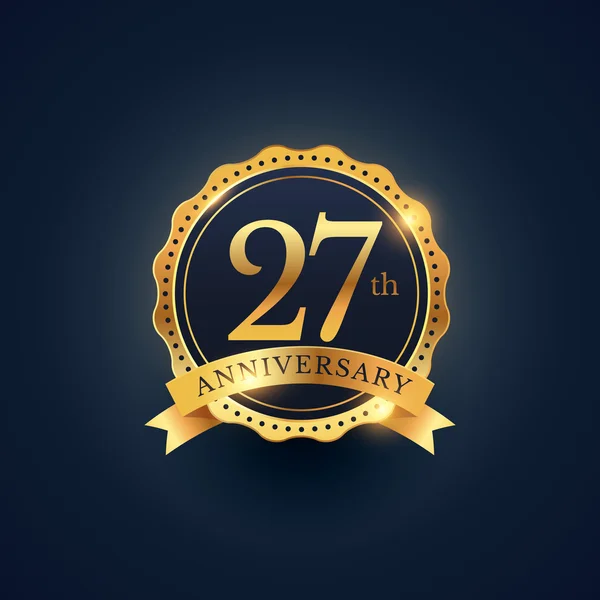 27th anniversary celebration badge label in golden color — Stock Vector
