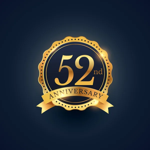 Étiquette de badge de célébration du 52e anniversaire en couleur dorée — Image vectorielle