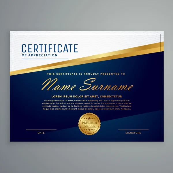 Modello di certificato moderno di lusso in colore blu e dorato — Vettoriale Stock