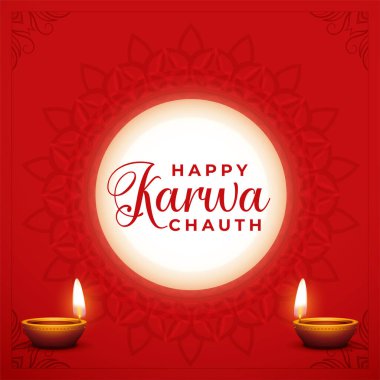 Mutlu Karwa Chauth dekoratif kartları Ay ve diya ile