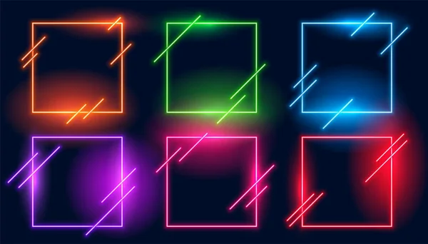 Luce Neon Quadrato Moderno Set Sei Cornici — Vettoriale Stock