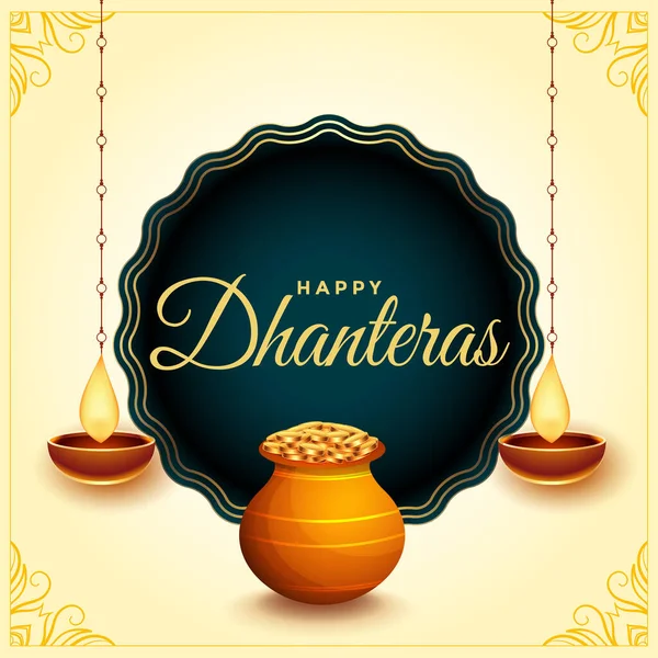 Tarjeta Del Festival Dhanteras Feliz Con Diya Olla Moneda Oro — Vector de stock