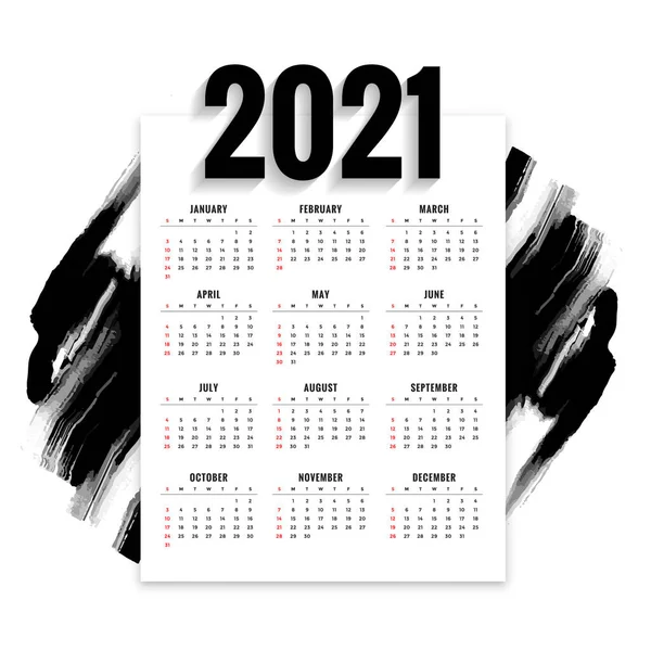 Abstract 2021 New Year Calendar Black Watercolor Brush Stroke — Stock Vector