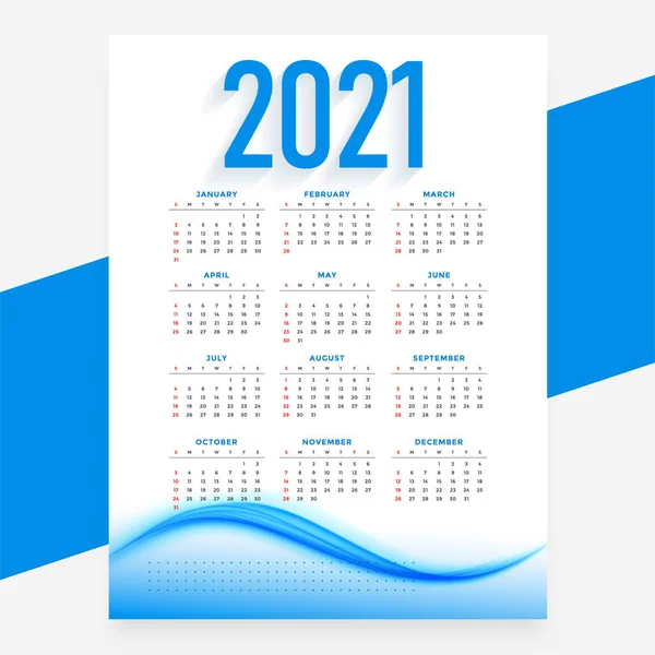 Modern Mavi 2021 Yeni Yıl Takvim Tasarımı Dalgalı Şablon — Stok Vektör