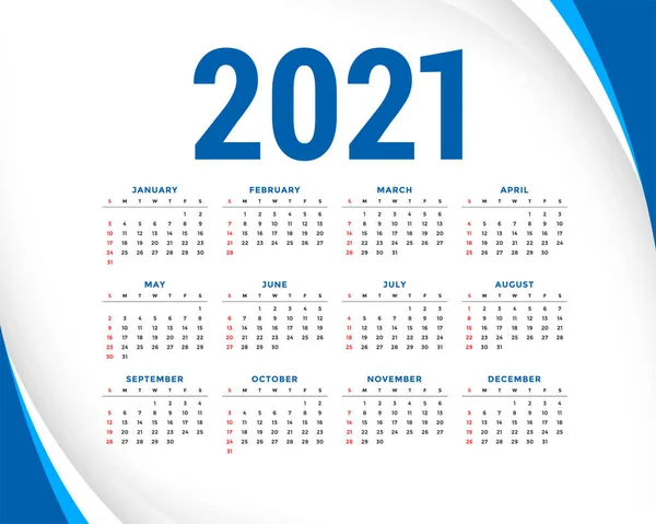 2021 Nieuwjaarskalender Met Blauwe Golvende Lijnen Vorm — Stockvector