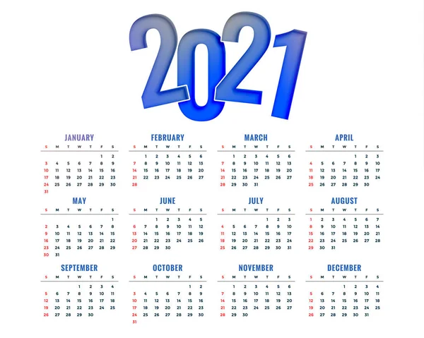 2021 Nový Rok Kalendář Design Jednoduchá Moderní Šablona — Stockový vektor