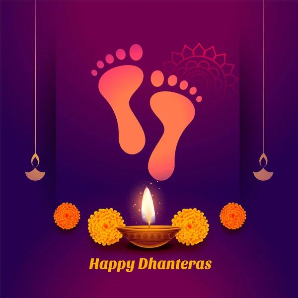 Dieu Empreintes Prière Heureux Dhanteras Fond Avec Diya — Image vectorielle