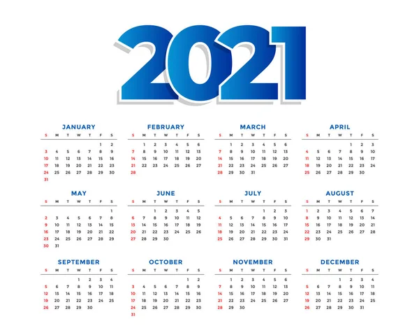 2021 Nieuwjaar Eenvoudige Kalender Ontwerp Sjabloon — Stockvector
