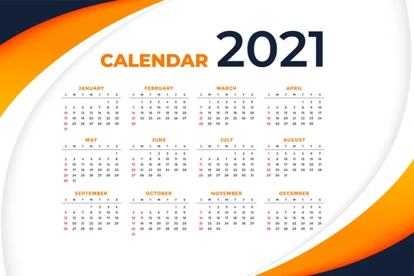 Stijlvol 2021 Nieuwjaar Golvende Kalender Ontwerp Sjabloon — Stockvector