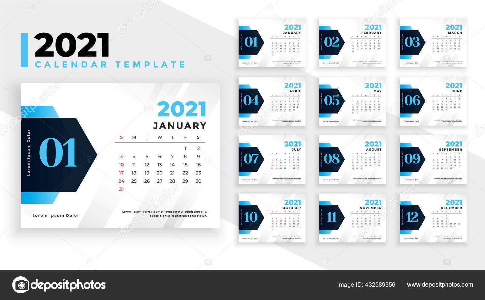 Templat Desain Kalender Tahun Baru Modern 2021 Untuk Semua Bulan Stok Vektor C Starline 432589356