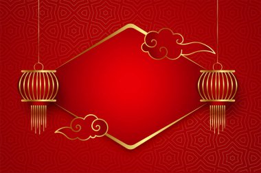 Kırmızı arkaplan vektöründe geleneksel Çin feneri ve bulut