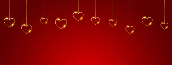 Felice Giorno San Valentino Banner Con Appesi Cuori Oro — Vettoriale Stock